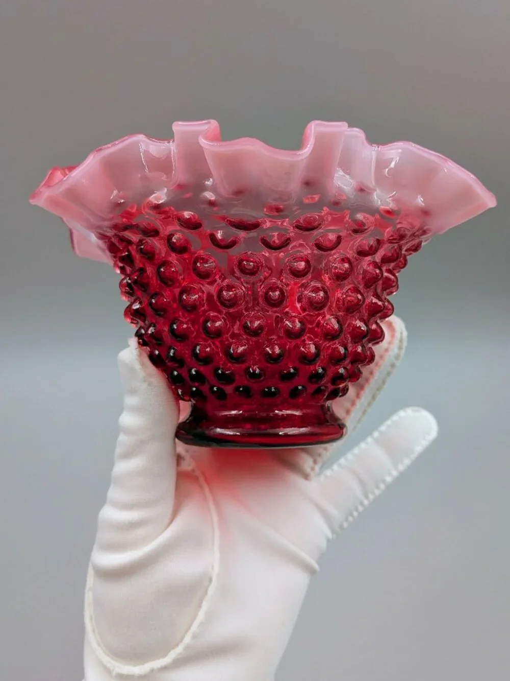 Vintage Fenton Cranberry Opalescent Hobnail Ruffled Bowl  - Midcentury Art Glass